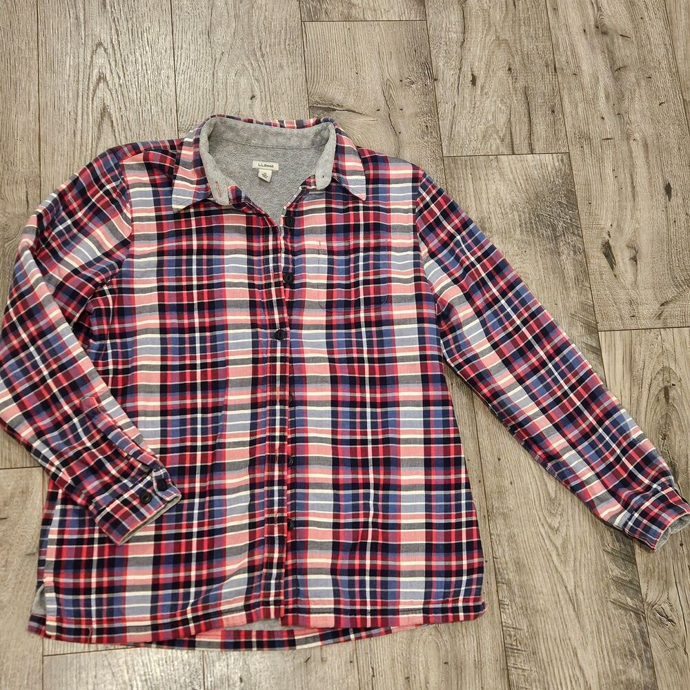 L.L. Bean Red and Blue Flannel Plaid Fleece Button Down Shirt  Woman Size M